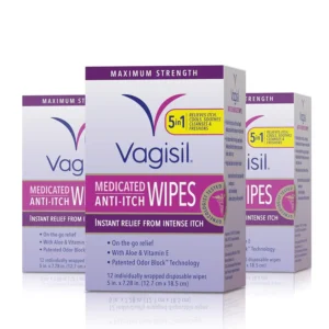 Three packs of Vagisil Maximum Strength Anti-itch Medicated Feminine Wipes provide instant relief for everyday itch and odor with Aloe and Vitamin E.