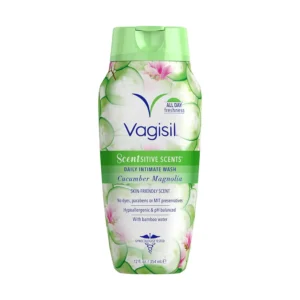 Vagisil Scentsitive Scents Cucumber Magnolia daily intimate wash is hypoallergenic and pH balanced for all day freshness and gentle cleansing of delicate skin.