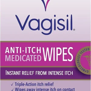 Four packs of Vagisil Medicated Wipes for gentle and effective skin cleaning.