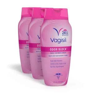 Three bottles of Vagisil Odor Block feminine wash provide all-day freshness and odor protection for intimate hygiene.
