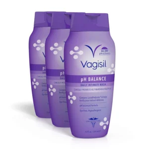Three bottles of Vagisil pH Balance Daily Intimate Wash for women, a gynecologist-tested, hypoallergenic formula to support healthy intimate skin.