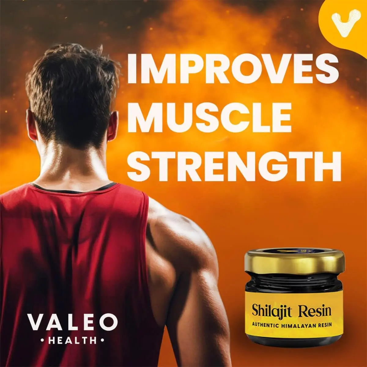 Valeo Shilajit resin sourced from the Himalayas for boosting men's strength, stamina, energy, and supporting healthy aging.
