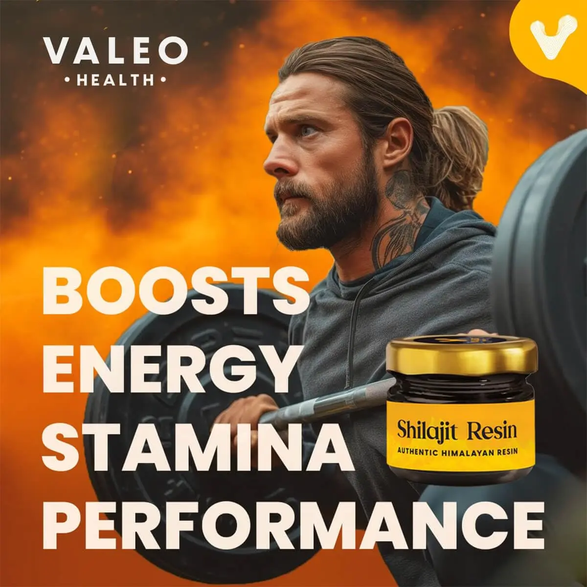 Valeo Shilajit resin sourced from the Himalayas for boosting men's strength, stamina, energy, and supporting healthy aging.