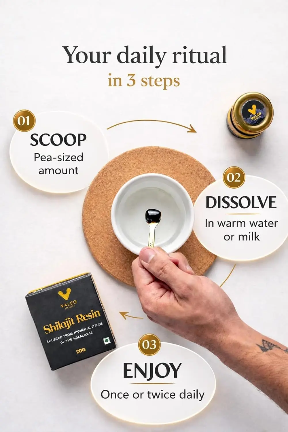 Valeo Shilajit resin sourced from the Himalayas for boosting men's strength, stamina, energy, and supporting healthy aging.