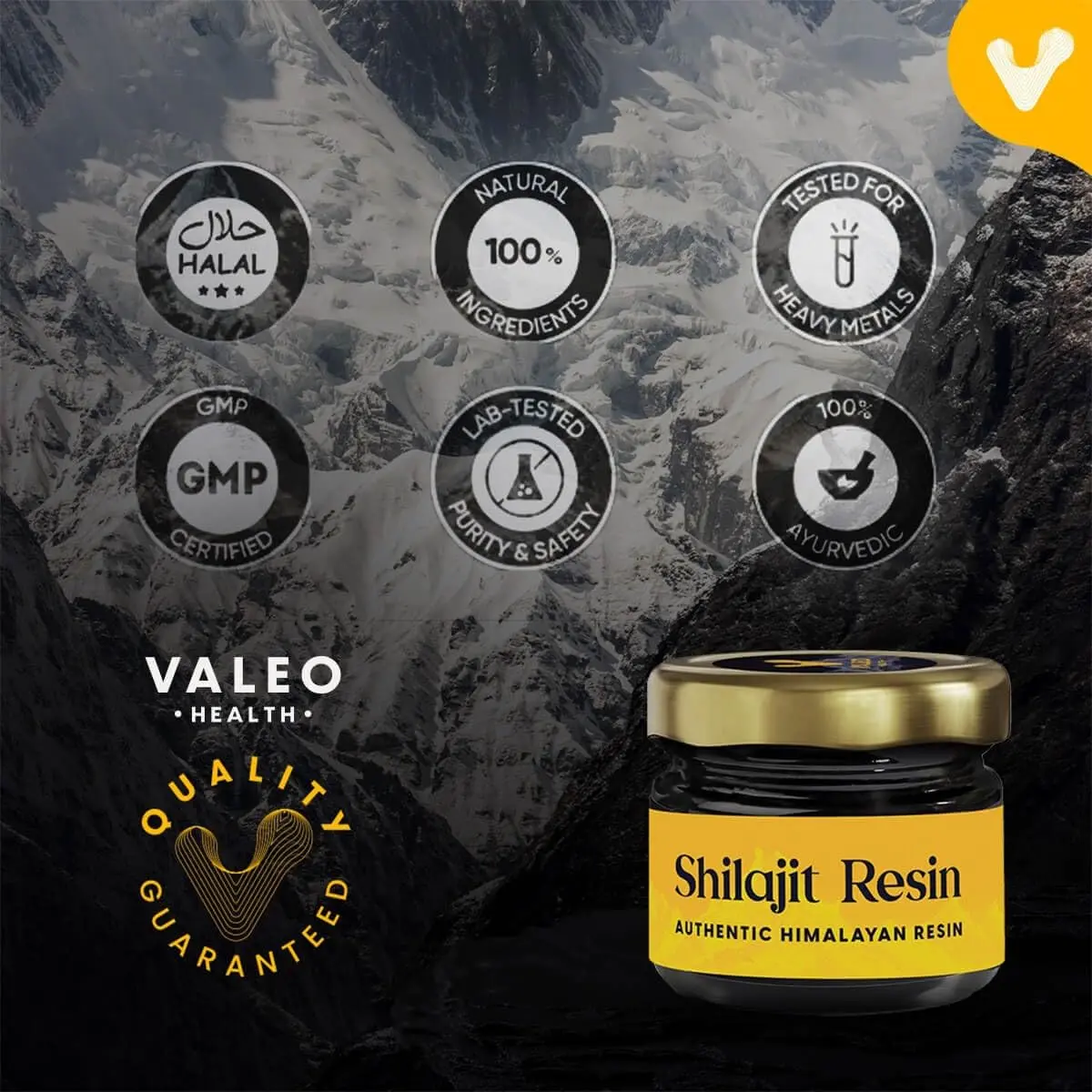 Valeo Shilajit resin sourced from the Himalayas for boosting men's strength, stamina, energy, and supporting healthy aging.
