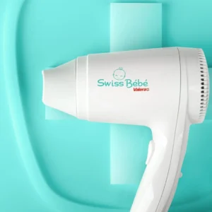 The Valera Swiss Bebe hair dryer is designed for gentle and safe use on babies, toddlers, and seniors with fine hair, featuring a soft airflow, quiet operation, and reduced electrosmog.