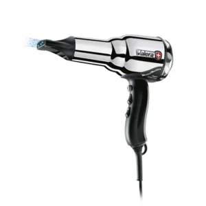 Silver Valera Swiss Metal Master hair dryer with 2000 watts power, chrome-plated steel body, DC-Pro motor, ions generator and six airflow/temperature settings.