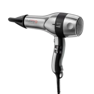 The Valera Swiss Silent Jet 8700 hair dryer is grey and boasts 2400 watts of power, a Rotocord, AC motor, and two concentrator nozzles.