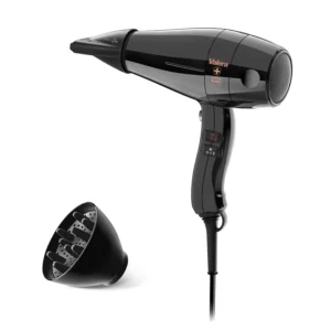 The Valera Swiss Silent Jet 7500 professional hair dryer in black offers fast, quiet drying with ionization for shiny, static-free hair and includes two nozzles and a diffuser.