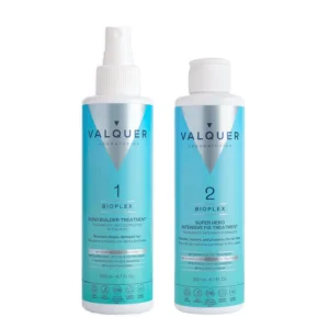 Valquer Bioplex No. 1 and No. 2 are shown, a vegan hair treatment pack designed to reconstruct, repair, and protect damaged hair, providing strength and shine.