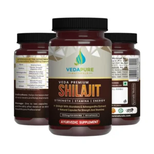 VEDAPURE shilajit capsules containing pure Himalayan shilajit, safed musli, and ashwagandha to boost energy, immunity, and overall health for men, 1000mg, 60 capsules.