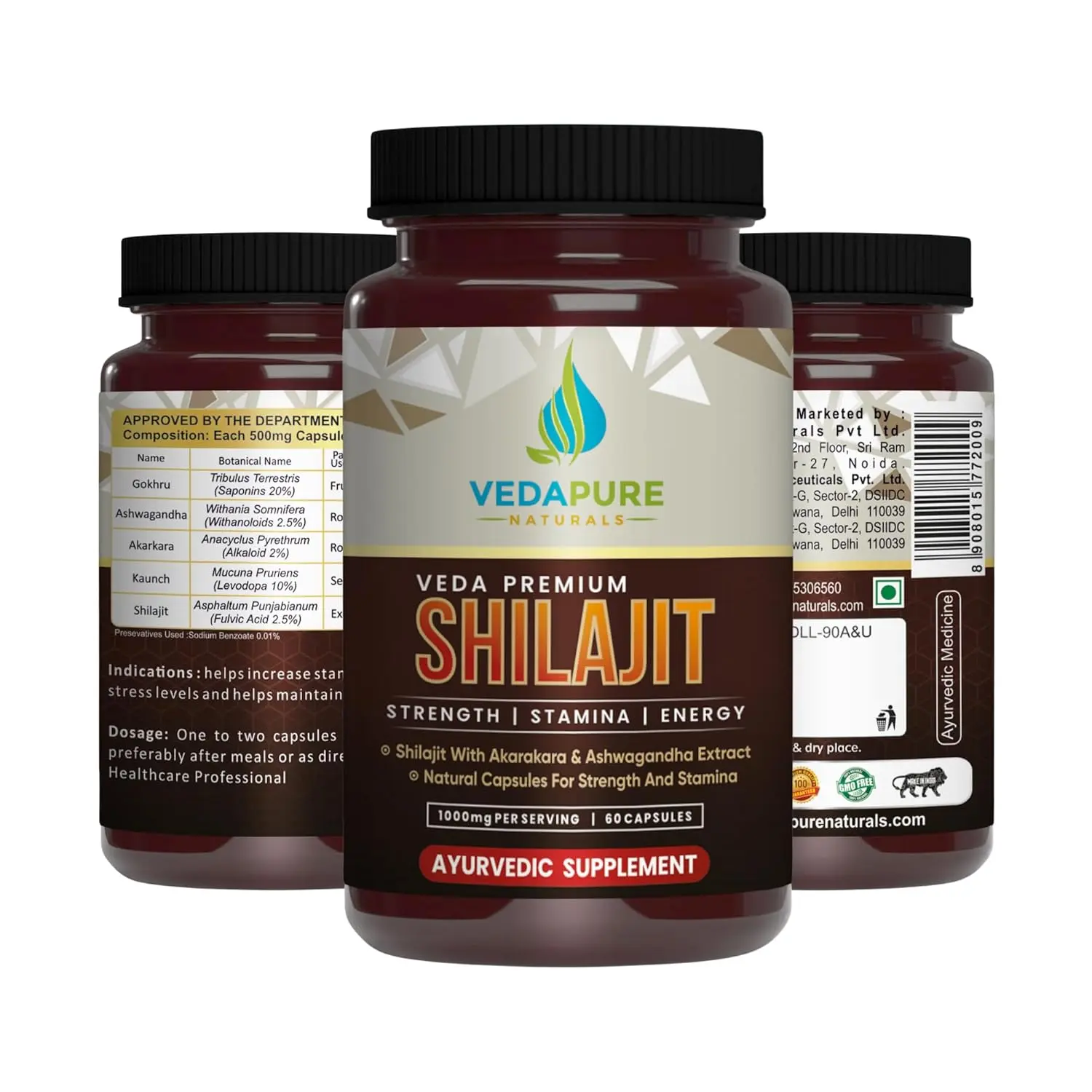 VEDAPURE shilajit capsules containing pure Himalayan shilajit, safed musli, and ashwagandha to boost energy, immunity, and overall health for men, 1000mg, 60 capsules.