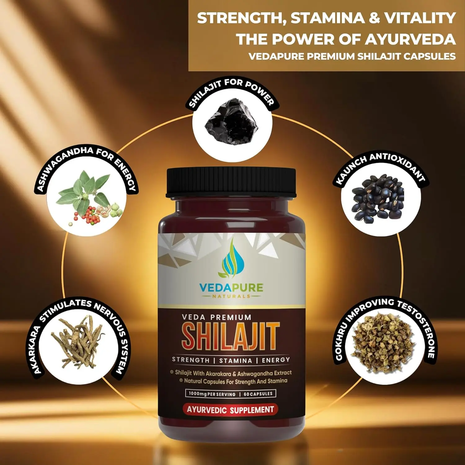 VEDAPURE shilajit capsules containing pure Himalayan shilajit, safed musli, and ashwagandha to boost energy, immunity, and overall health for men, 1000mg, 60 capsules.