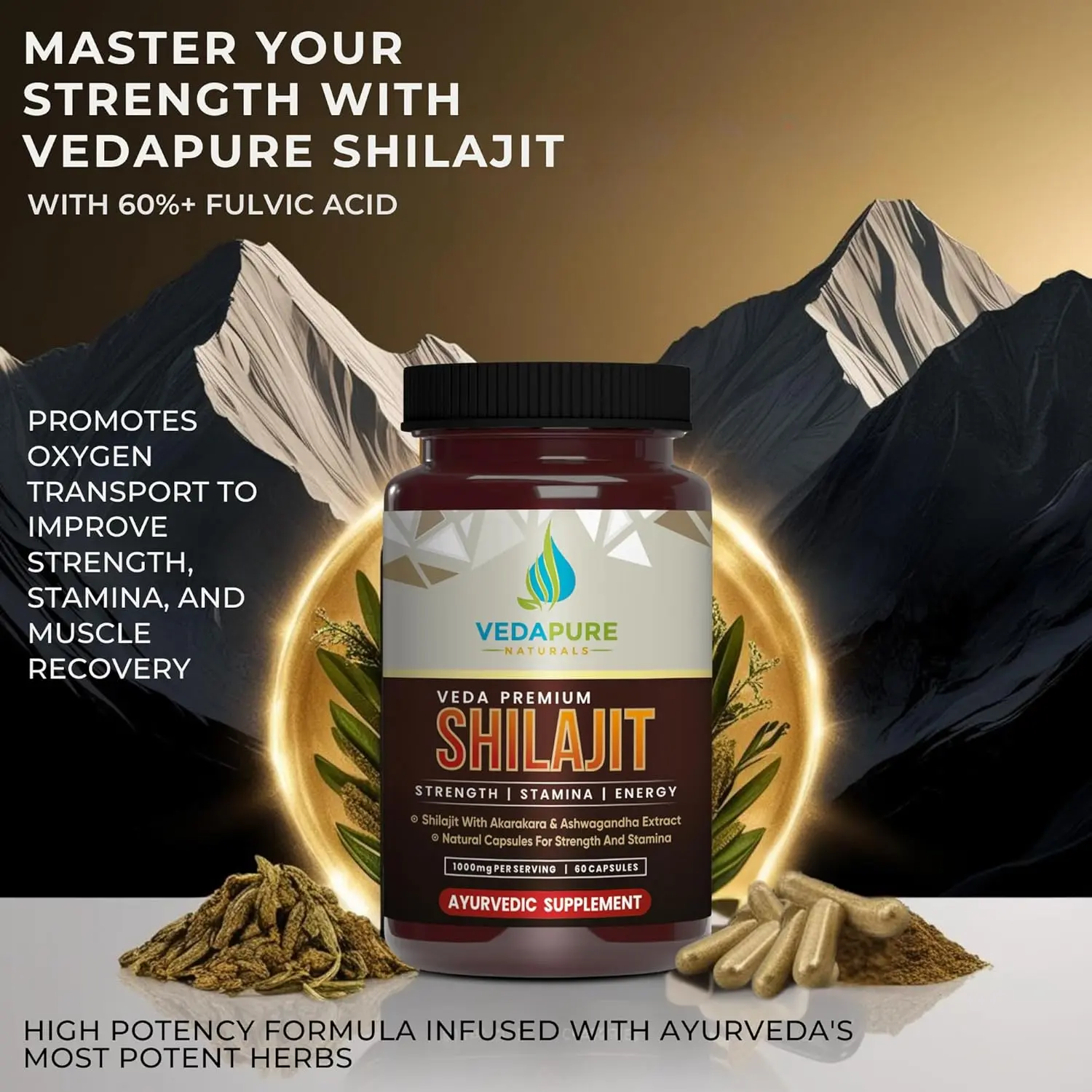 VEDAPURE shilajit capsules containing pure Himalayan shilajit, safed musli, and ashwagandha to boost energy, immunity, and overall health for men, 1000mg, 60 capsules.