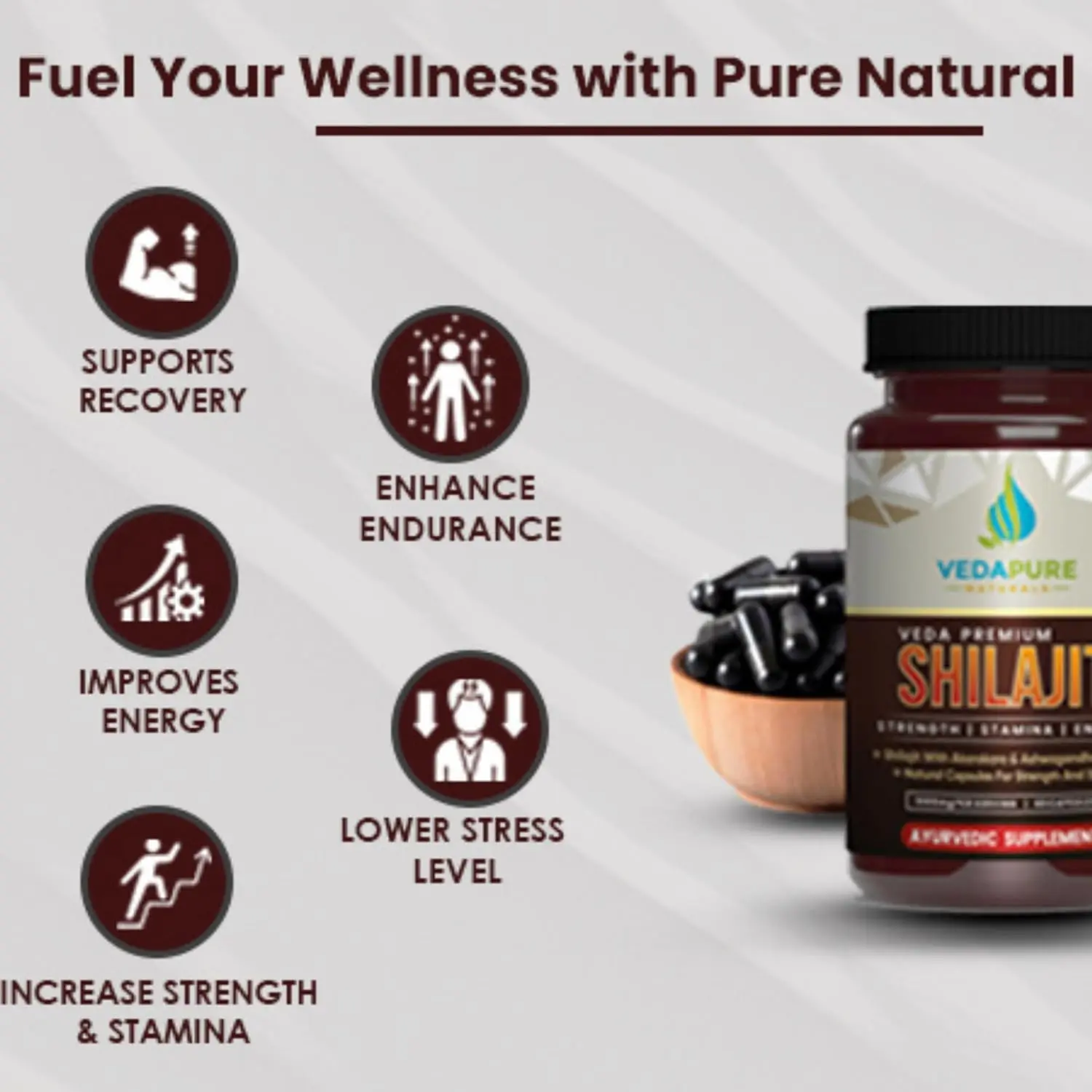 VEDAPURE shilajit capsules containing pure Himalayan shilajit, safed musli, and ashwagandha to boost energy, immunity, and overall health for men, 1000mg, 60 capsules.
