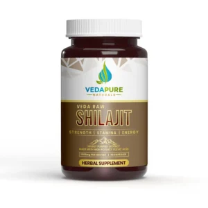Bottle of Vedapure Naturals Shilajit capsules containing a potent 1000mg extract for enhanced wellness.