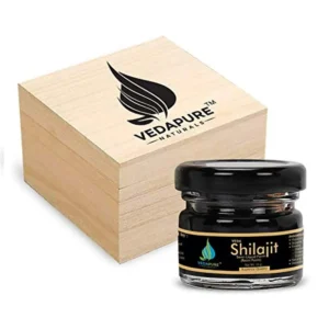 A jar of VedaPure natural shilajit resin supplement for personal care and wellness of both men and women.