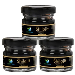 Three packs of Vedapure Naturals original shilajit resin, a herbal supplement for endurance and bodybuilding.