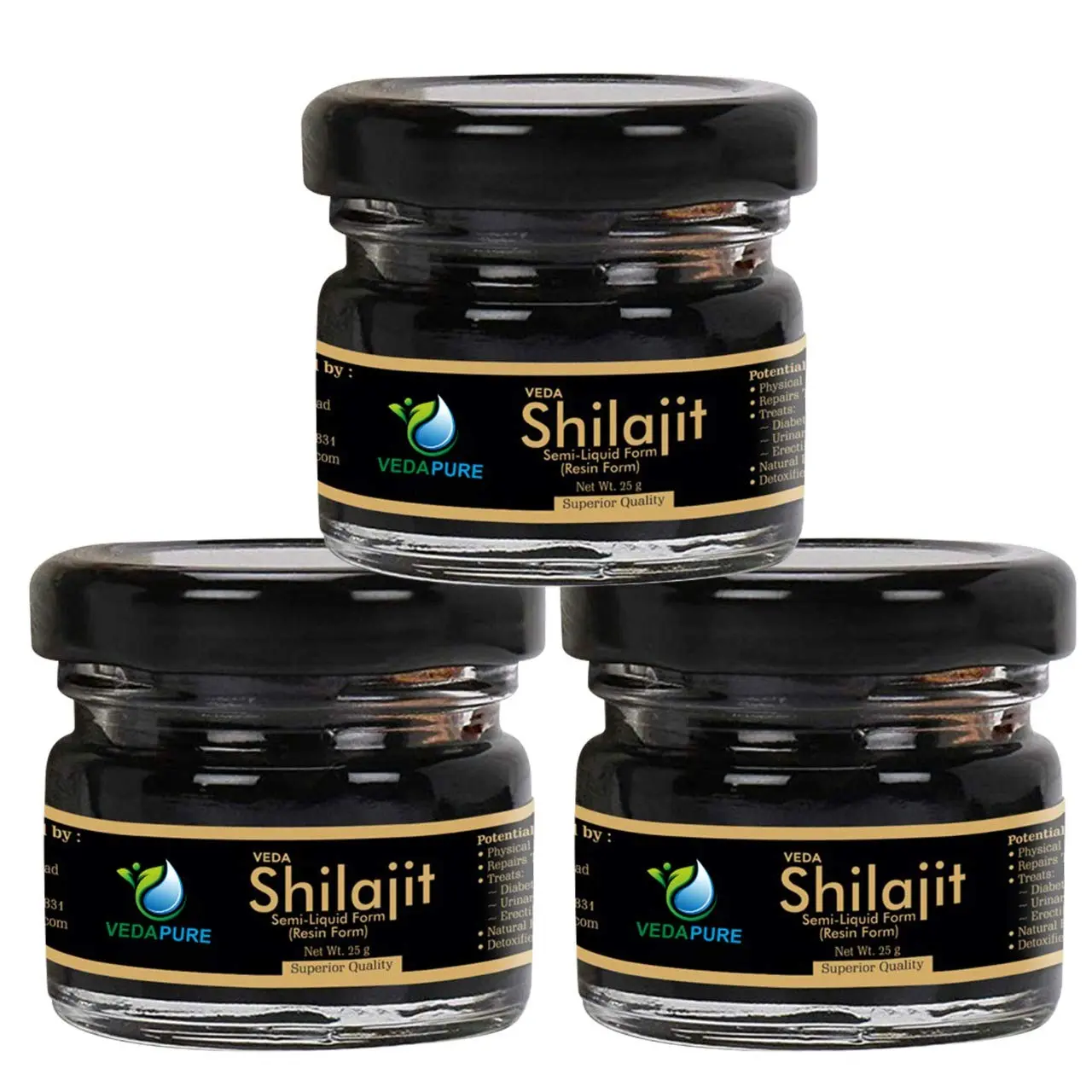 Three packs of Vedapure Naturals original shilajit resin, a herbal supplement for endurance and bodybuilding.