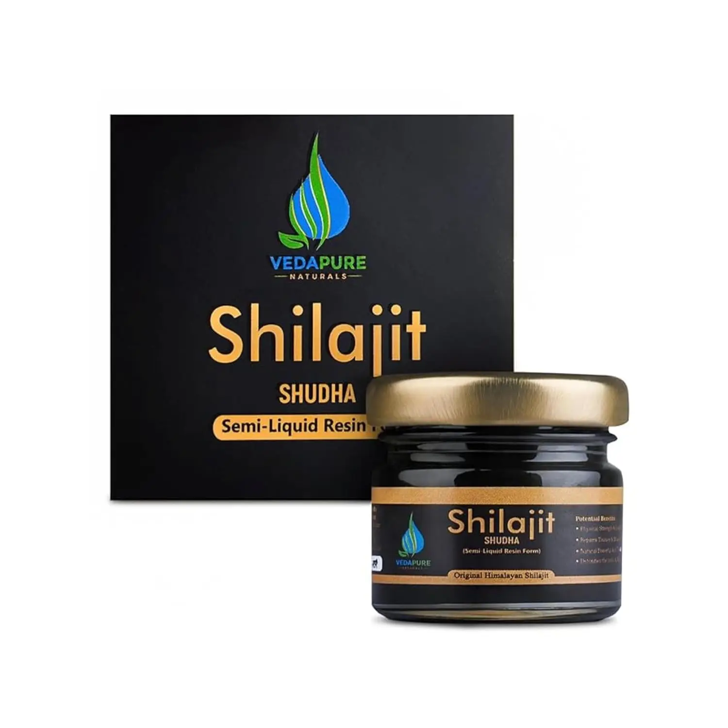 Jar of Vedapure Himalayan Shilajit resin supplement, supporting energy, strength, stamina, and overall wellness for both men and women.
