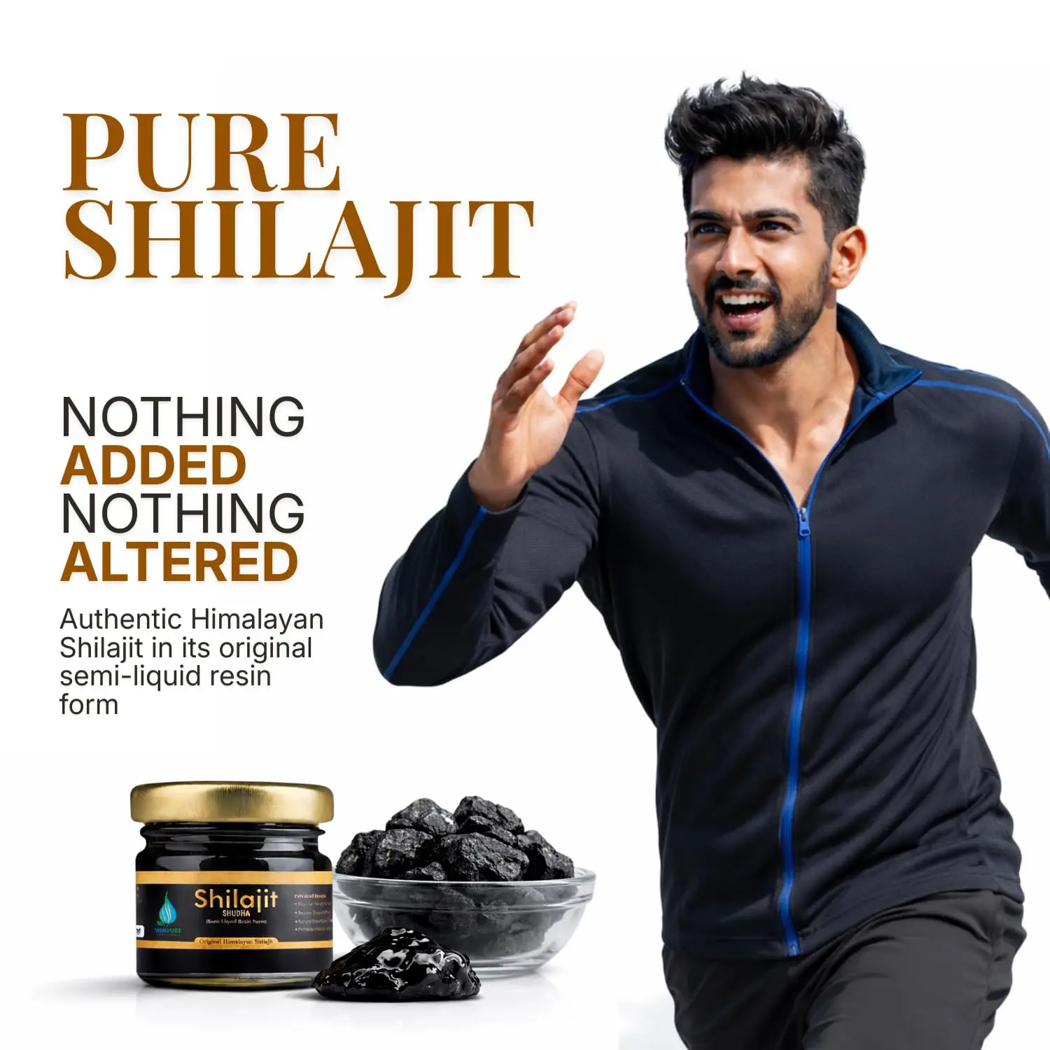 Jar of Vedapure Himalayan Shilajit resin supplement, supporting energy, strength, stamina, and overall wellness for both men and women.