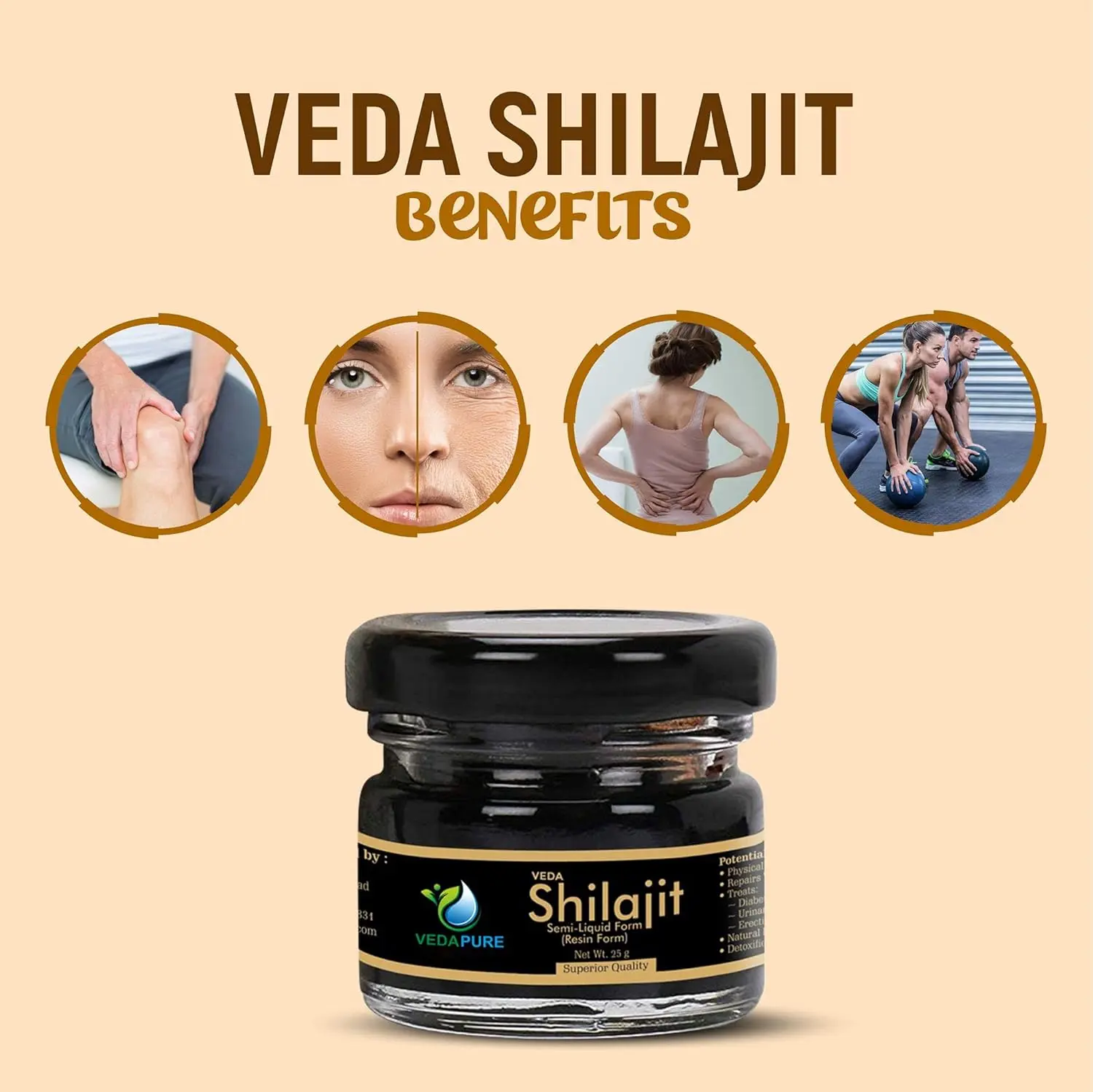 Three packs of Vedapure Naturals original shilajit resin, a herbal supplement for endurance and bodybuilding.
