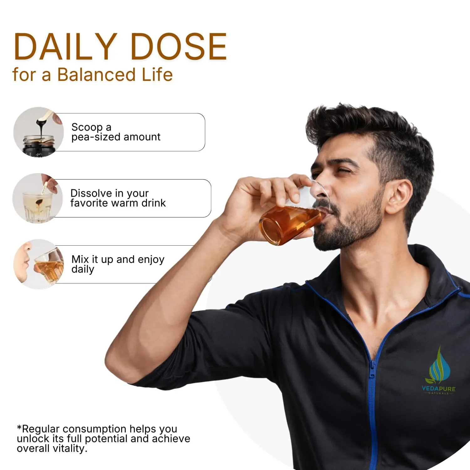 Jar of Vedapure Himalayan Shilajit resin supplement, supporting energy, strength, stamina, and overall wellness for both men and women.