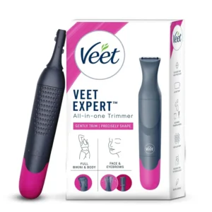 This Veet all-in-one women's trimmer gently trims and shapes hair on the face, eyebrows, bikini area, and full body, and features multiple interchangeable heads.