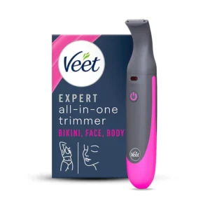 The Veet Expert all-in-one electric trimmer provides women with a precise and safe way to remove hair from the bikini area, face, and eyebrows, offering cordless convenience and waterproof design for both wet and dry use.