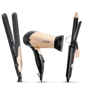 Vega Miss Versatile Styling Set with hair straightener, foldable hair dryer and hair curler for healthy, smooth, and shiny hair.