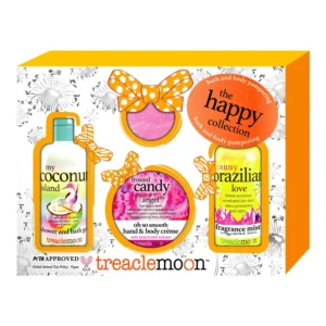 This Treaclemoon Happy Collection vegan gift set includes Coconut Island shower gel, Brazilian Love fragrance mist, Warm Cinnamon Night bath fizzer, and Frosted Candy Angel hand and body crème for a luxurious and cruelty-free pampering experience.