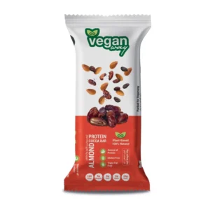 Vegan Way protein bar with dates, almonds, and cocoa is a gluten-free, plant-based snack providing 4.6g of protein, 1.4g of sugar, and 3.6g of fiber.