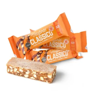 Nine Veloforte Classico energy bars made with citrus fruits, almonds, and honey, offering 5g of plant protein and 40g of carbohydrates for sustained energy.