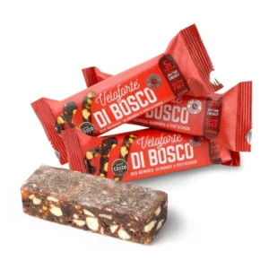Nine Veloforte Di Bosco energy bars packed with red berries, almonds, and pistachios, providing natural energy for exercise.