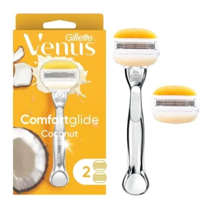 The Gillette Venus Comfortglide with Olay Coconut women's razor features 5 blades, a platinum metal handle, Olay moisture bars with a light coconut fragrance for less dryness, and comes with two blade refills for a lasting smooth shave and skin protection.