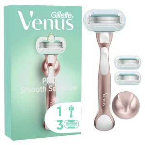 The Venus Deluxe Smooth Sensitive women's razor with a rose gold metal handle and refill blades delivers a lasting, smooth shave with skin protection.