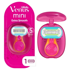 The Gillette Venus Extra Smooth On-The-Go razor with 5 blades and travel case provides a lasting smooth shave with 10x more lubrication and a pivoting head.