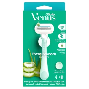 Venus Extra Smooth Sensitive refillable razor with a durable handle, ergonomic grip, shower hanger and two 5-blade cartridges with Lubrastrip and aloe vera.