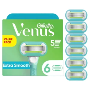 Six light blue Gillette Venus Extra Smooth women's razor blade refills designed for a close and lasting smooth shave.