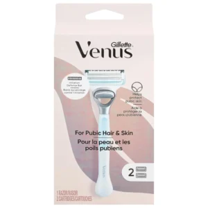 Gillette Venus Intimate Grooming razor with two blade refills provides a smooth, irritation-free shave for the pubic area and bikini line, featuring an ergonomic handle and precision trimmer.