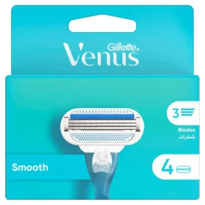 Four Venus razor blade refills for women with three curve-hugging blades and a Lubrastrip with aloe for a smooth, comfortable shave.