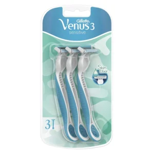 This image shows a pack of three Gillette Venus 3 Sensitive disposable razors for women, designed for smooth skin with SkinElixir lubrastrip and a 3-blade pivoting head ideal for sensitive skin.