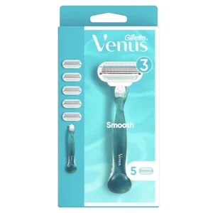 The Venus Smooth women's razor with three blades and a Lubrastrip with aloe provides a close, comfortable shave, and the five included refills ensure long-lasting smoothness.
