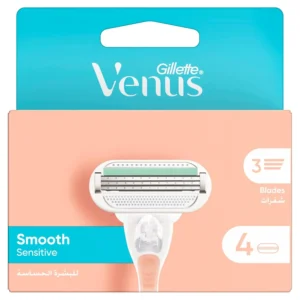 Four Venus Smooth Sensitive razor refill cartridges with 3 blades and a Lubrastrip with aloe for a comfortable shave, designed to be used with Satin Care shave gel.