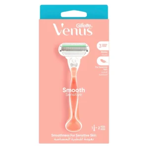 Venus Smooth Sensitive refillable razor with ergonomic handle and aloe vera lubrastrip for a comfortable shave, includes one handle and two blade refills.