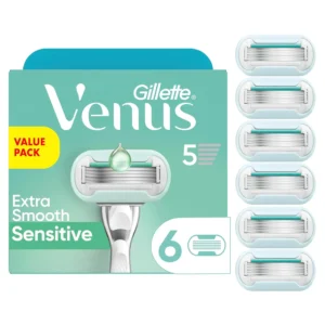 Six Gillette Venus Extra Smooth Sensitive women's razor blade refills provide a lasting smooth shave with SkinElixir lubrication for sensitive skin.