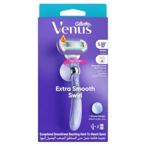 The Venus Extra Smooth Swirl razor features 5 diamond-like coated blades, a pivoting handle, and includes two blade refills and a shower hanger.
