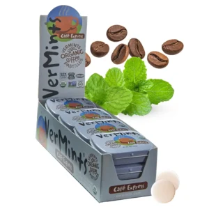 A pack of twelve tins of VerMints Organic Cafe Express pastille mints, certified organic, non-GMO verified, gluten-free, and Kosher, made with no artificial ingredients.