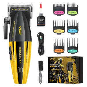 The VGR 285 hair clipper kit for men features multiple attachment combs, a styling comb, cleaning oil and a USB charging cable, offering a complete grooming solution with a smart LED display.