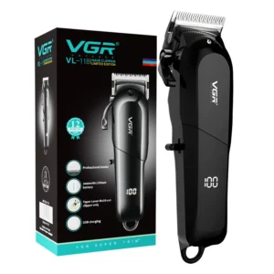 The VGR V-118 hair clipper is black, cordless, and features an LED display for professional grooming, offering six length settings and 200 minutes of runtime.